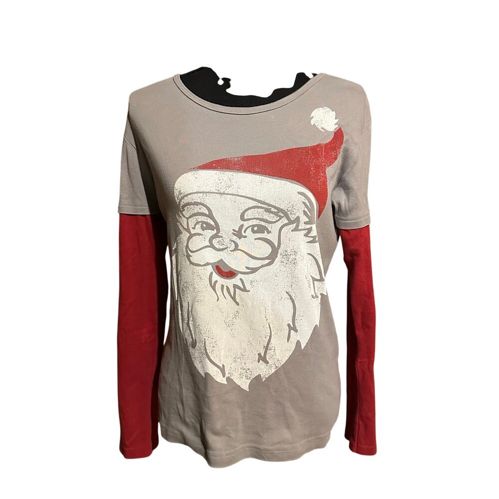 Green 3 Santa Print Graphic Layer Look T-Shirt Women's Medium